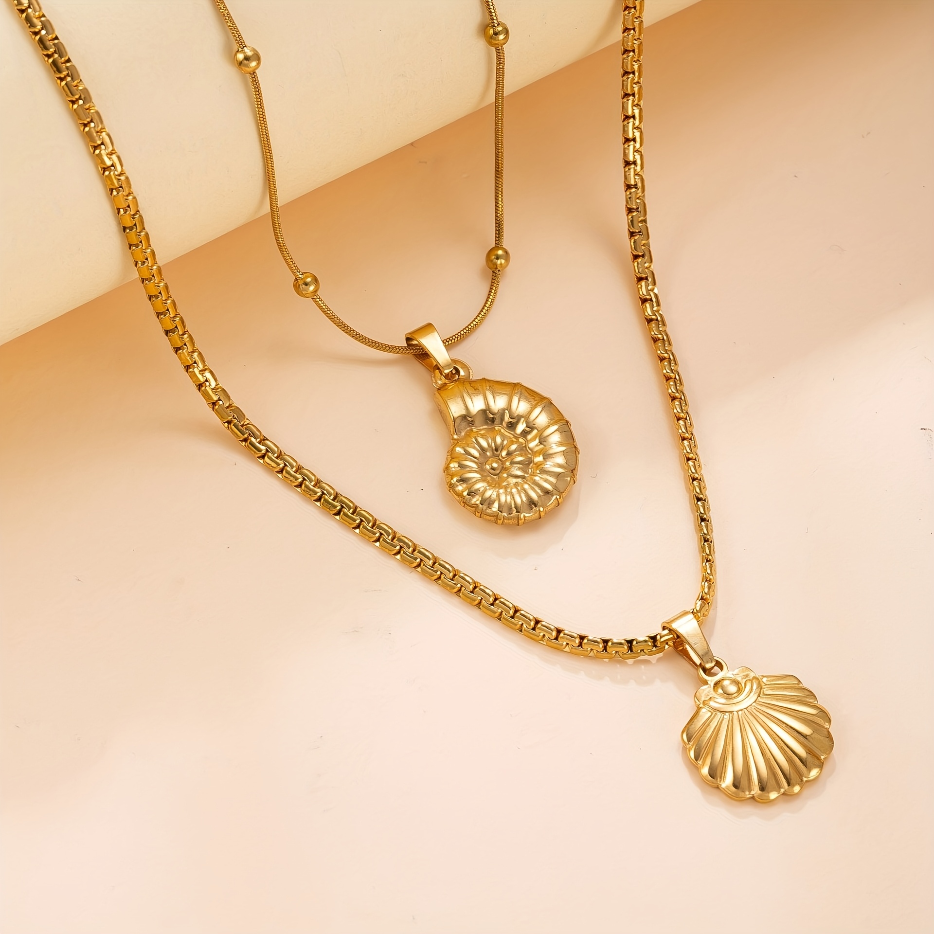 2pc 18K Gold Plated Conch Shell Layered Necklaces, Vintage Style